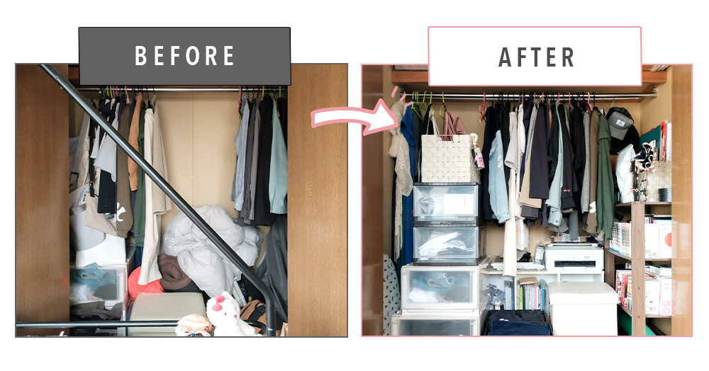6畳1K一人暮らしのクローゼットBEFORE→AFTER。棚を駆使して徹底稼働する収納に